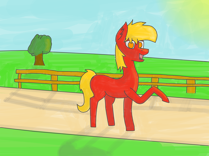 Size: 4080x3060 | Tagged: safe, artist:kokopingas98, derpibooru import, oc, oc:fez, unofficial characters only, earth pony, pony, pony town, crepuscular rays, default, digital art, fanart, fence, grass, grass field, happy, image, png, sky, solo, solo focus, sun, sunlight, tree, video game, walking