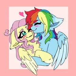 Size: 2048x2048 | Tagged: safe, artist:kittygutzzart, derpibooru import, fluttershy, rainbow dash, pegasus, pony, blush lines, blushing, bust, chest fluff, cuddling, ear fluff, eyebrows, eyebrows visible through hair, eyes closed, female, flutterdash, g4, heart, high res, hoof fluff, hug, image, lesbian, mare, passepartout, pink background, png, shipping, simple background