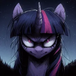 Size: 1024x1024 | Tagged: safe, ai content, machine learning generated, ponerpics import, prompter:enterusxrname, twilight sparkle, pony, unicorn, evil, evil grin, generator:dall-e 3, grin, image, jpeg, outdoors, smiling, solo