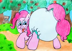 Size: 3221x2291 | Tagged: safe, artist:bitter sweetness, derpibooru import, pinkie pie, earth pony, pony, abdl, adult foal, blue eyes, blue sky, diaper, diaper butt, diaper fetish, diapered, dirt road, female, fetish, forest, g4, grass, high res, image, jpeg, looking at you, mare, nature, non-baby in diaper, open mouth, park, poofy diaper, traditional art, tree