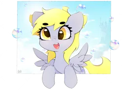 Size: 4000x3000 | Tagged: safe, artist:zokkili, derpibooru import, derpy hooves, pegasus, pony, beanbrows, bubble, canterlot, cute, derp, derpabetes, eye clipping through hair, eyebrows, eyebrows visible through hair, female, g4, high res, image, looking at you, mare, open mouth, open smile, png, signature, simple background, smiling, smiling at you, solo, spread wings, transparent background, wings