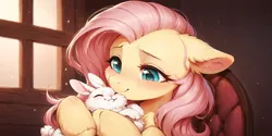 Size: 2400x1200 | Tagged: safe, ai content, derpibooru import, machine learning generated, prompter:greesys, fluttershy, pegasus, pony, rabbit, animal, cute, ear fluff, floppy ears, g4, happy, hooves, hug, image, png, smiling, solo, window