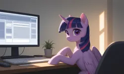 Size: 3200x1920 | Tagged: safe, ai content, derpibooru import, editor:derp621, generator:tponynai3, machine learning generated, prompter:derp621, twilight sparkle, twilight sparkle (alicorn), alicorn, pony, chair, computer mouse, desk, flower pot, g4, image, jpeg, keyboard, looking at you, monitor, office chair, prompt in description, solo, table