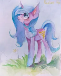 Size: 2764x3427 | Tagged: safe, artist:unclechai, derpibooru import, idw, radiant hope, crystal pony, unicorn, blue eyes, blue eyeshadow, blue mane, eyeshadow, female, horn, image, looking at something, makeup, png, standing, traditional art, watercolor painting