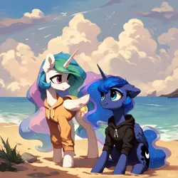 Size: 2048x2048 | Tagged: safe, ai content, derpibooru import, machine learning generated, prompter:liladash, stable diffusion, princess celestia, princess luna, alicorn, pony, beach, clothes, cloud, day, duo, ear fluff, female, folded wings, g4, generator:pony diffusion v6 xl, hoodie, horn, image, mare, one ear down, png, siblings, sisters, sitting, standing, water, wings