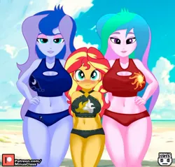 Size: 900x859 | Tagged: suggestive, alternate version, artist:minusclass, derpibooru import, princess celestia, princess luna, sunset shimmer, human, equestria girls, 2d, alternate character, beach, belly button, bikini, bikini bottom, bikini top, boob window, breasts, busty princess celestia, busty princess luna, busty sunset shimmer, cleavage, clothes, cloud, concave belly, eyeshadow, female, female focus, g4, grin, hand on hip, height difference, image, jpeg, lipstick, looking at you, makeup, midriff, nervous, nervous grin, ocean, patreon, patreon logo, principal celestia, sand, siblings, sisters, sky, sleeveless, smiling, solo focus, stupid sexy celestia, stupid sexy princess luna, stupid sexy sunset shimmer, swimsuit, vice principal luna, water