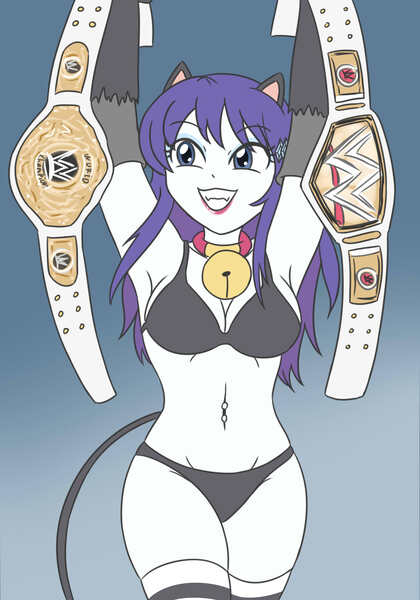 Size: 2395x3425 | Tagged: suggestive, artist:sumin6301, derpibooru import, rarity, cat, human, belt, catgirl, female, g4, gradient background, grin, image, jpeg, legs together, raricat, smiling, solo, solo female, wrestling belt, wrestling ring