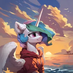 Size: 2048x2048 | Tagged: safe, ai content, derpibooru import, machine learning generated, prompter:liladash, stable diffusion, princess celestia, alicorn, pony, beach, clothes, cloud, ear fluff, female, g4, generator:pony diffusion v6 xl, hoodie, horn, image, looking away, mare, ocean, palm tree, png, sitting, solo, summer, sun, sunset, tree, water, wing fluff, wings