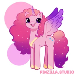 Size: 640x640 | Tagged: safe, artist:pinzillastudio, derpibooru import, oc, unofficial characters only, alicorn, pony, alicorn oc, colored wings, female, fusion, fusion:cadancepie, fusion:pinkie pie, fusion:princess cadance, g4, gauntlet, gradient horn, gradient mane, gradient wings, horn, image, jewelry, open mouth, open smile, png, regalia, simple background, smiling, solo, sparkling mane, spread wings, white background, wings