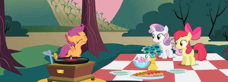 Size: 2988x1080 | Tagged: safe, composite screencap, derpibooru import, edit, edited screencap, screencap, apple bloom, scootaloo, sweetie belle, earth pony, pegasus, pony, unicorn, hearts and hooves day (episode), cutie mark crusaders, flower, food, g4, horn, image, picnic blanket, png, record player