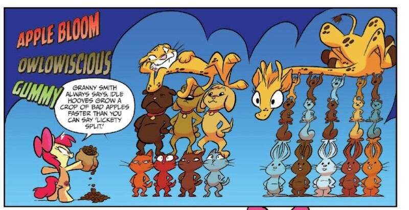 Size: 1002x513 | Tagged: safe, artist:jay fosgitt, derpibooru import, idw, apple bloom, cat, cheetah, dog, earth pony, kangaroo, pony, rabbit, squirrel, spoiler:comic, spoiler:comic54, animal, bipedal, g4, gymnastics, image, jpeg, official comic, standing