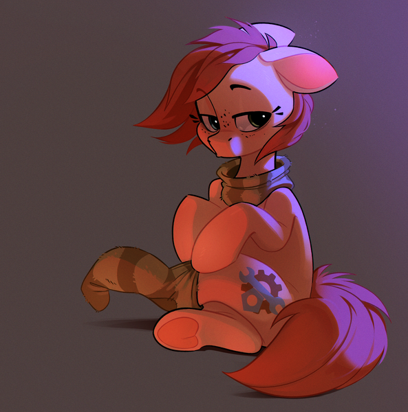 Size: 1774x1796 | Tagged: safe, artist:rexyseven, derpibooru import, oc, oc:rusty gears, unofficial characters only, earth pony, pony, clothes, female, gradient background, image, mare, png, scarf, sock, socks, solo, striped scarf, striped socks