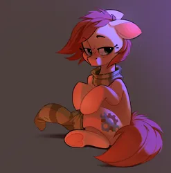 Size: 1774x1796 | Tagged: safe, artist:rexyseven, derpibooru import, oc, oc:rusty gears, unofficial characters only, earth pony, pony, clothes, female, gradient background, image, mare, png, scarf, sock, socks, solo, striped scarf, striped socks