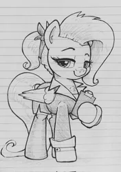 Size: 1441x2048 | Tagged: safe, artist:whiskeypanda, derpibooru import, fluttershy, pegasus, pony, alternate hairstyle, business suit, businessmare, clipboard, clothes, eyebrows, image, ink drawing, jpeg, lined paper, looking at you, raised eyebrow, skirt, socks, traditional art