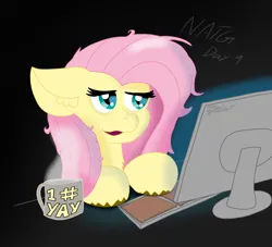 Size: 1822x1652 | Tagged: safe, derpibooru import, fluttershy, pegasus, pony, atg 2024, blue light, coffee, computer, image, lidded eyes, newbie artist training grounds, png, screen, solo, steam, tired
