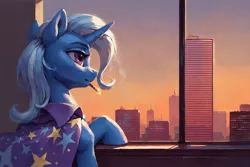 Size: 2304x1536 | Tagged: safe, ai content, derpibooru import, machine learning generated, prompter:foxpony, stable diffusion, trixie, pony, unicorn, cape, city, cityscape, clothes, detailed background, g4, generator:pony diffusion v6 xl, gradient background, horn, image, leaning, looking at something, orange sky, png, skyline, skyscraper, smoking, solo, sunset, trixie's cape, watermark, window, windowsill