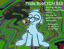 Size: 1348x1048 | Tagged: safe, artist:bluemoon, derpibooru import, oc, pony, advertisement, blunt, commission, commission info, drugs, image, lidded eyes, marijuana, png, pride, pride month, pride ych, sitting, smoke, smoke weed everyday, smoking, solo, trippy, ych example, your character here