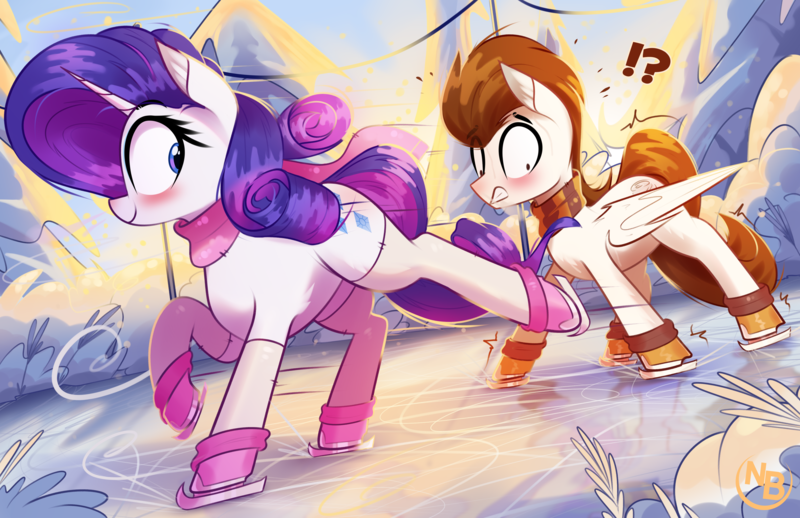 Size: 4363x2823 | Tagged: safe, artist:nevobaster, derpibooru import, rarity, oc, oc:rml, pegasus, pony, unicorn, blushing, boots, clothes, female, g4, horn, ice skating, image, looking back, mare, morning, pegasus oc, png, scarf, shoes, smiling, snow, socks, struggling, wings, winter, worried