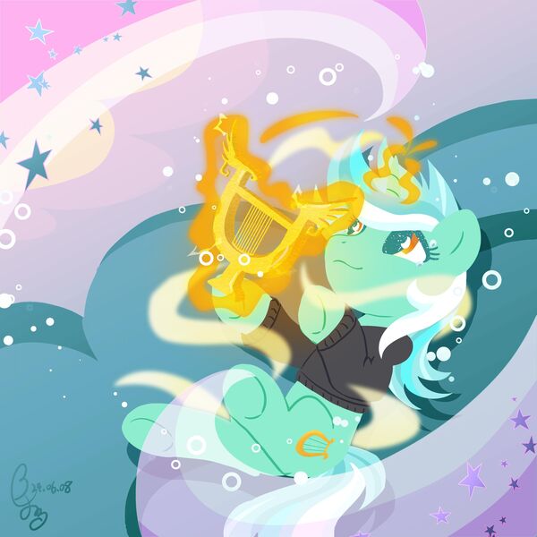 Size: 3500x3500 | Tagged: safe, alternate version, artist:brella, derpibooru import, lyra heartstrings, pony, unicorn, fanfic:background pony, clothes, dig the swell hoodie, g4, high res, hoodie, horn, image, jpeg, lyre, magic, magic aura, musical instrument, smiling, solo, telekinesis