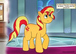 Size: 2283x1614 | Tagged: safe, artist:sparkbolt3020, derpibooru import, part of a set, sunset shimmer, pony, unicorn, female, g4, horn, image, implied princess celestia, png, pony to human, pre-transformation, raised hoof, reality shift, smiling, solo, speech bubble, transformation