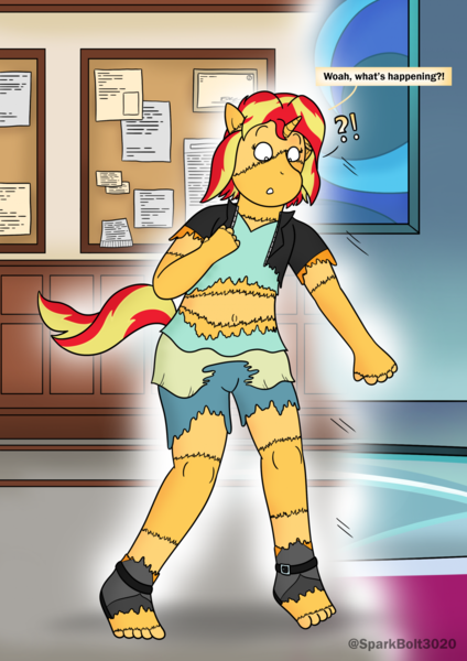 Size: 1614x2283 | Tagged: safe, artist:sparkbolt3020, derpibooru import, part of a set, sunset shimmer, human, pony, unicorn, equestria girls, clothes, exclamation point, female, g4, horn, image, interrobang, mid-transformation, open mouth, png, pony to human, question mark, reality shift, shocked, shocked expression, solo, speech bubble, transformation, transforming clothes