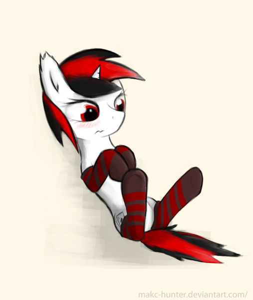 Size: 912x1080 | Tagged: safe, artist:makc-hunter, derpibooru import, oc, oc:blackjack, unofficial characters only, pony, unicorn, fallout equestria, fallout equestria: project horizons, blushing, clothes, ear fluff, fanfic art, horn, image, jpeg, lying down, on back, simple background, small horn, socks, solo, spread legs, spreading, striped socks, thigh highs, yellow background