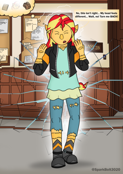 Size: 1614x2283 | Tagged: safe, artist:sparkbolt3020, derpibooru import, part of a set, sunset shimmer, human, pony, unicorn, equestria girls, backpack, book, clothes, eyes closed, female, g4, horn, image, mid-transformation, open mouth, png, pony to human, reality shift, solo, speech bubble, thought bubble, transformation, transforming clothes