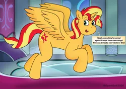 Size: 2283x1614 | Tagged: safe, artist:sparkbolt3020, derpibooru import, part of a set, sunset shimmer, alicorn, pony, alicornified, female, flying, g4, human to pony, image, implied princess celestia, open mouth, open smile, png, post-transformation, race swap, shimmercorn, smiling, solo, speech bubble, transformation