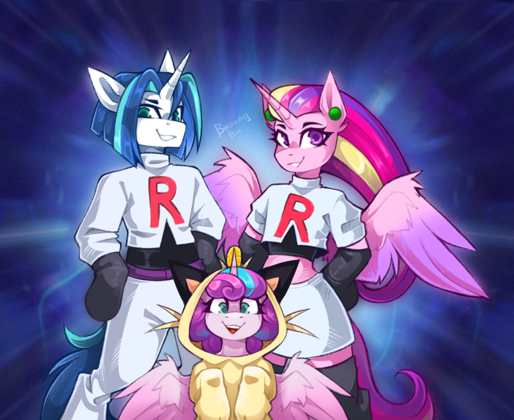 Size: 2598x2123 | Tagged: safe, artist:buvanybu, derpibooru import, princess cadance, princess flurry heart, shining armor, alicorn, meowth, semi-anthro, unicorn, alternate hairstyle, clothes, cosplay, costume, grin, horn, image, james, jessie, kigurumi, open mouth, open smile, png, pokémon, smiling, team rocket, trio