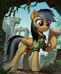 Size: 2400x2928 | Tagged: safe, ai content, derpibooru import, machine learning generated, prompter:ramprover, stable diffusion, daring do, pegasus, pony, clothes, ear fluff, female, forest, g4, generator:pony diffusion v6 xl, holding, image, jpeg, jungle, looking down, mare, nature, ruins, solo, standing, tree, wings
