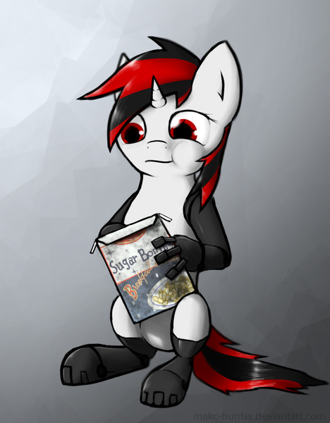 Size: 1110x1422 | Tagged: safe, artist:makc-hunter, derpibooru import, oc, oc:blackjack, unofficial characters only, cyborg, cyborg pony, pony, unicorn, fallout equestria, fallout equestria: project horizons, amputee, augmented, cereal, cereal box, cute, cyber legs, eating, fanfic art, female, food, gray background, horn, image, jpeg, level 2 (project horizons), mare, prosthetic limb, prosthetics, simple background, small horn, solo, sugar apple bombs, sugar bombs