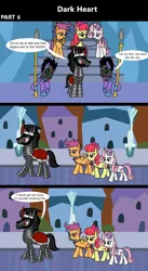 Size: 1920x3516 | Tagged: safe, artist:platinumdrop, derpibooru import, apple bloom, king sombra, princess flurry heart, scootaloo, sweetie belle, crystal pony, earth pony, pegasus, pony, unicorn, comic:dark heart, 3 panel comic, abuse, alternate timeline, applebuse, armor, bowing, chains, collar, comic, commission, crystal, crystal castle, crystal empire, curved horn, cutie mark crusaders, dialogue, female, folded wings, g4, glow, glowing eyes, guard, helmet, horn, image, looking at someone, male, mare, mask, mind control, nervous, older, older apple bloom, older cmc, older scootaloo, older sweetie belle, png, scootabuse, ship:flurrybra, shipping, slave, slave collar, sombra soldier, spear, speech bubble, stallion, straight, sweetiebuse, victorious villain, walking, weapon, wings