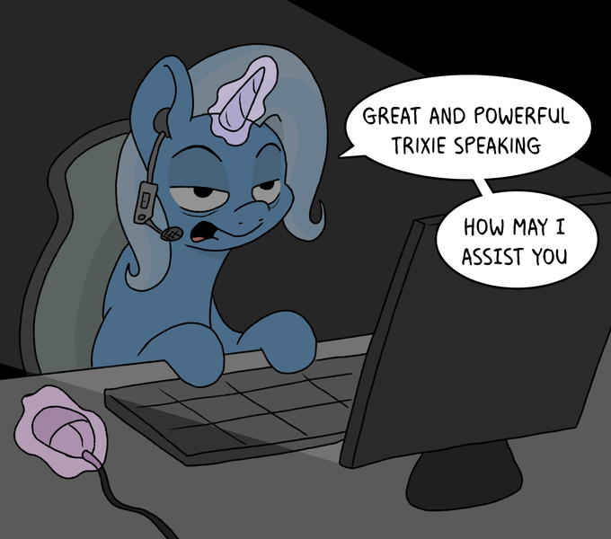 Size: 1600x1411 | Tagged: safe, artist:doodledonutart, derpibooru import, trixie, pony, unicorn, atg 2024, bags under eyes, computer, computer mouse, dialogue, female, g4, headset mic, horn, image, keyboard, magic, mare, newbie artist training grounds, open mouth, png, solo, speech bubble, tech support