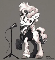 Size: 2312x2500 | Tagged: safe, artist:askometa, derpibooru import, svengallop, earth pony, pony, bowtie, curly hair, curly mane, curly tail, g4, glasses, image, microphone, monochrome, new outfit, png, simple background, singing, solo, tail