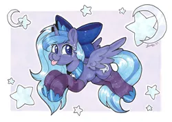 Size: 4104x2904 | Tagged: safe, artist:dandy, derpibooru import, oc, oc:lulu star moonie, unofficial characters only, alicorn, pony, :p, alicorn oc, bow, clothes, copic, cute, female, filly, flying, foal, horn, image, jewelry, looking at you, marker drawing, not luna, png, regalia, socks, solo, stars, striped socks, tongue out, traditional art, wings