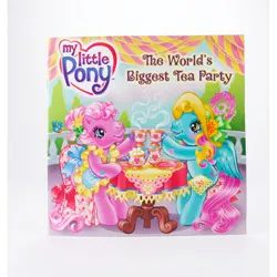 Size: 400x400 | Tagged: safe, artist:lyn fletcher, derpibooru import, official, pinkie pie (g3), thistle whistle, bird, earth pony, pegasus, pony, g3, blushing, book, book cover, cover, cup, duo, duo female, female, hat, image, jpeg, mare, my little pony live: the world's biggest tea party, sugarcube, tea party, teacup, teapot