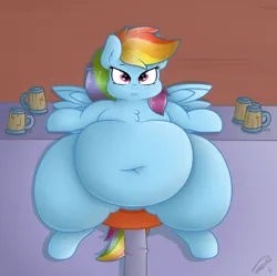 Size: 1288x1282 | Tagged: suggestive, artist:dullpoint, derpibooru import, rainbow dash, pegasus, pony, bar, barstool, bedroom eyes, belly, belly button, big belly, cider, cider mug, fat, female, g4, image, lip bite, mug, obese, png, rainblob dash, solo, solo female, thighs, thunder thighs, tubby wubby pony waifu