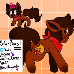 Size: 896x896 | Tagged: safe, artist:comicmaker, derpibooru import, oc, oc:solar burst, unofficial characters only, pony, unicorn, butt, clothes, glow, glowing horn, horn, image, jpeg, looking back, magic, magic aura, male, open mouth, open smile, plot, reference sheet, scarf, smiling, solo, stallion, tail, unicorn oc