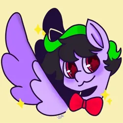 Size: 500x500 | Tagged: safe, artist:comicmaker, derpibooru import, oc, unofficial characters only, pegasus, pony, bowtie, commission, image, jpeg, pegasus oc, signature, simple background, solo, spread wings, starry eyes, wingding eyes, wings, yellow background