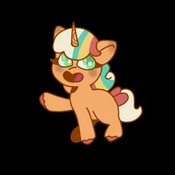 Size: 1000x1000 | Tagged: safe, artist:comicmaker, derpibooru import, pony, unicorn, g5, black background, blushing, bow, female, filly, foal, horn, image, jpeg, open mouth, open smile, peach fizz, raised hoof, simple background, smiling, solo, sticker design, tail, tail bow, unshorn fetlocks