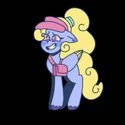 Size: 1000x1000 | Tagged: safe, artist:comicmaker, derpibooru import, pegasus, pony, g5, bag, black background, female, fifi (g5), floppy ears, folded wings, grin, image, jpeg, mare, nervous, nervous grin, saddle bag, simple background, smiling, solo, sticker design, tail, unshorn fetlocks, visor cap, wings