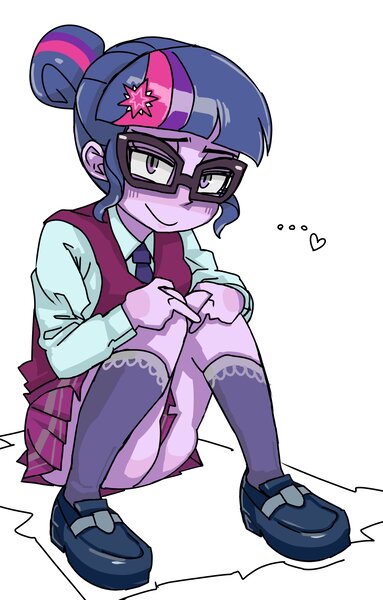 Size: 2300x3600 | Tagged: suggestive, artist:baigak, derpibooru import, twilight sparkle, human, equestria girls, ..., ass, butt, clothes, crystal prep academy uniform, female, g4, heart, image, jpeg, looking at you, school uniform, schrödinger's pantsu, simple background, sitting, skirt, smiling, smiling at you, solo, solo female, twibutt, upskirt, white background