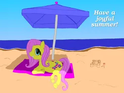 Size: 4000x3000 | Tagged: safe, ponerpics import, fluttershy, parasol, pegasus, pony, beach, beach towel, english, image, looking at you, mixed media, ocean, png, ponerpics exclusive, postcard, prone, sandcastle, smiling, smiling at you, solo, teeth, text, towel, underhoof