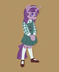 Size: 1043x1261 | Tagged: safe, artist:partyponypower, derpibooru import, starlight glimmer, anthro, plantigrade anthro, pony, unicorn, alternate universe, bangs, brown background, clothes, eyebrows, eyebrows visible through hair, eyelashes, female, filly, filly starlight glimmer, g4, hands together, headband, horn, image, jpeg, kneesocks, lidded eyes, lineless, long socks, mary janes, no catchlights, pleated skirt, purple eyes, purple mane, purple tail, school uniform, shoes, simple background, skirt, socks, solo, standing, straight mane, straight tail, tail, two toned mane, two toned tail, unicorn horn, vest, younger