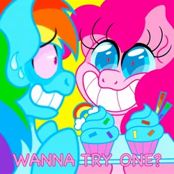 Size: 2048x2048 | Tagged: semi-grimdark, artist:almadash, derpibooru import, pinkie pie, rainbow dash, earth pony, pegasus, pony, fanfic:cupcakes, creepy, creepy smile, cupcake, dialogue, duo, duo female, fanfic art, female, food, g4, grin, high res, image, jpeg, mare, nervous, nervous grin, red pupils, shrunken pupils, simple background, smiling, sweat, this will end in cupcakes, this will end in death, this will end in tears, this will end in tears and/or death, yellow background