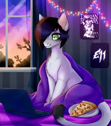 Size: 2392x2713 | Tagged: safe, artist:lina, derpibooru import, oc, unofficial characters only, cat, cat pony, original species, background, bed, bedroom, blanket, cloud, computer, food, garland, image, laptop computer, piercing, pizza, png, poster, room, sitting, sun, sunset, window