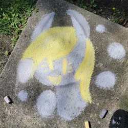 Size: 1440x1440 | Tagged: safe, artist:comicmaker, derpibooru import, derpy hooves, pegasus, pony, chalk, chalk art, chalk drawing, dot eyes, female, g4, image, irl, jpeg, mare, open mouth, open smile, photo, smiling, solo, traditional art