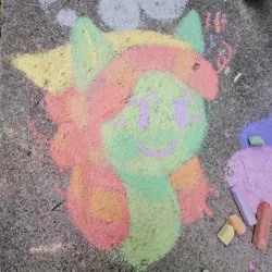 Size: 1440x1440 | Tagged: safe, artist:comicmaker, derpibooru import, tree hugger, earth pony, pony, bandana, chalk, chalk art, chalk drawing, dot eyes, female, g4, image, irl, jpeg, mare, photo, smiling, solo, traditional art