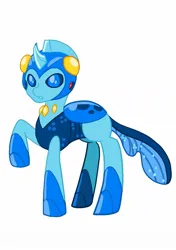 Size: 874x1240 | Tagged: safe, artist:rockmangurlx, derpibooru import, ponified, changedling, changeling, pony, changedlingified, helmet, image, jpeg, male, mega man (series), megaman, raised hoof, simple background, solo, species swap, white background