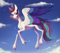 Size: 3326x2955 | Tagged: safe, artist:meggychocolatka, derpibooru import, zipp storm, pony, g5, beautiful, big ears, cloud, colored, colored wings, commission, commissioner:princess, concave belly, evening, eyebrows, eyelashes, female, flying, high res, image, large wings, looking at you, mare, multicolored wings, no source available, png, shading, sky, slender, solo, spread wings, starry sky, thin, unshorn fetlocks, wings
